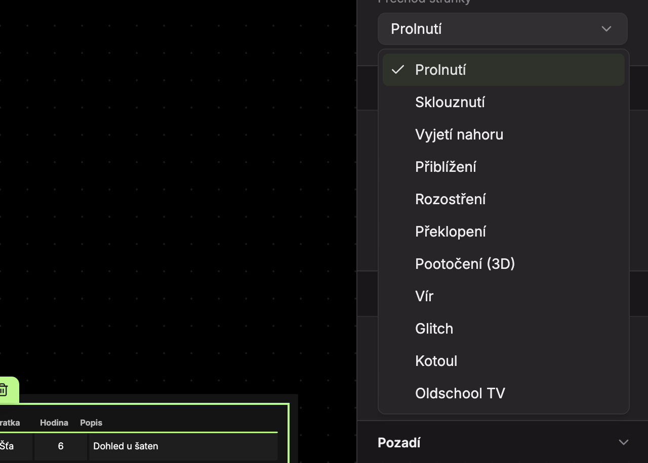 Výběr Přechod stránky s 11 efekty od Prolnutí po Oldschool TV