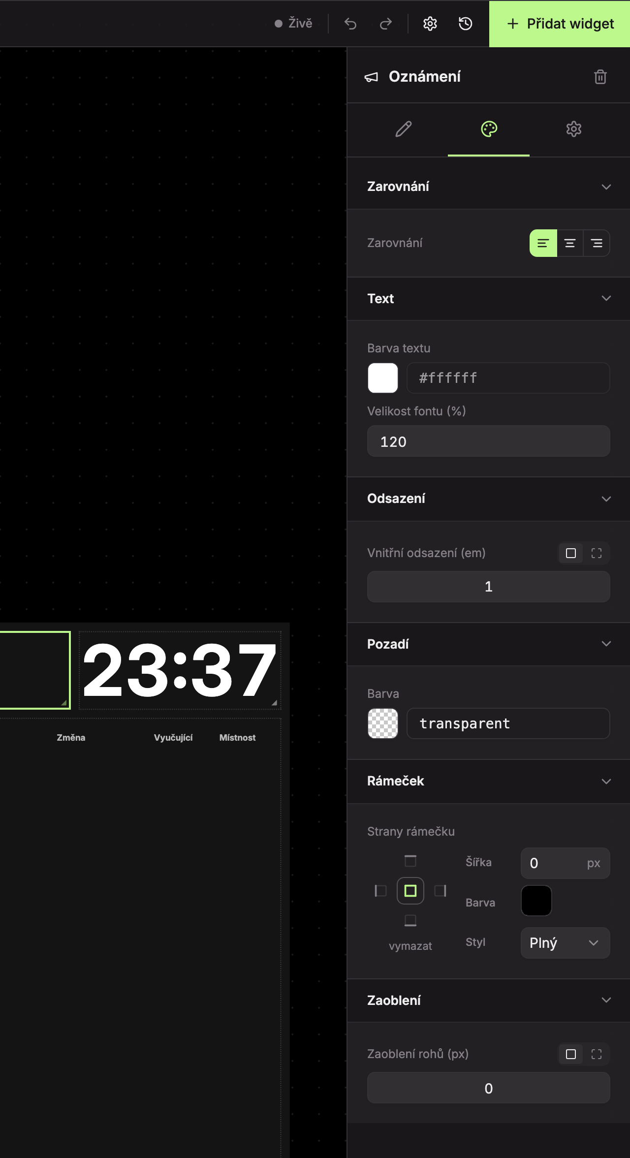 Karta Design widgetu Oznámení: 1 Zarovnání, 2 Text, 3 Odsazení, 4 Pozadí, 5 Rámeček, 6 Zaoblení