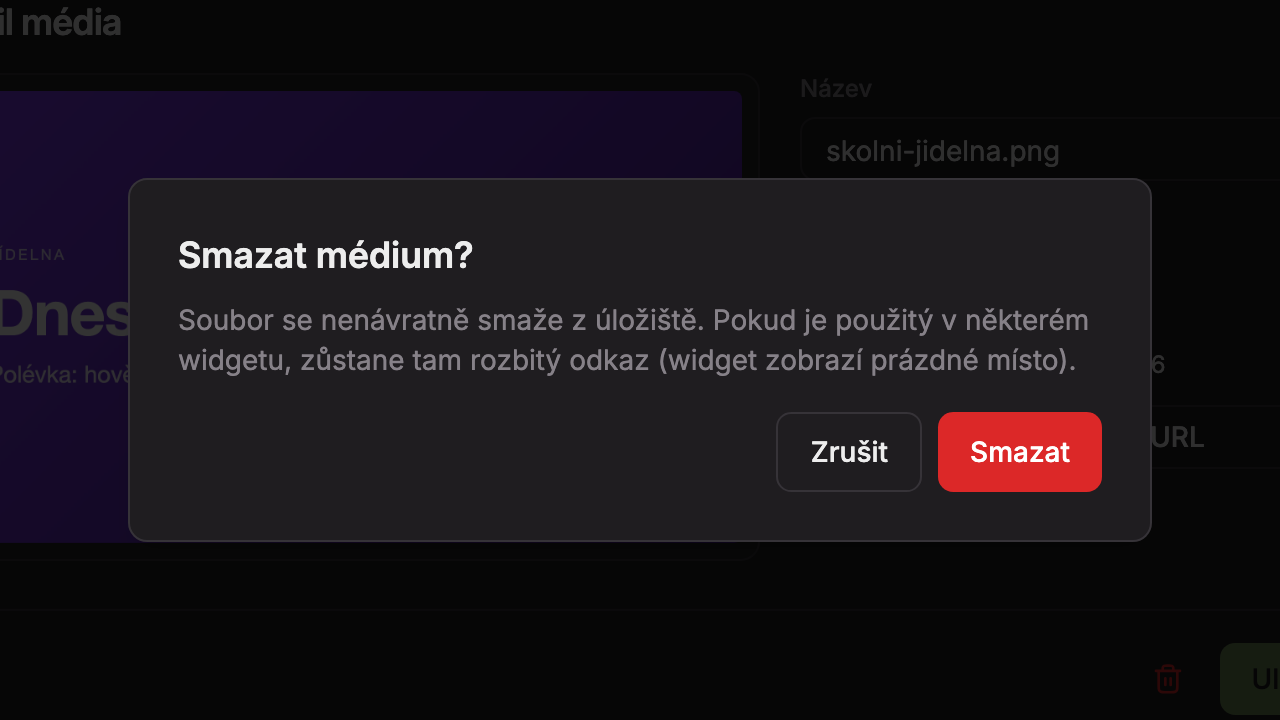 Potvrzení Smazat médium? s tlačítky Zrušit a Smazat