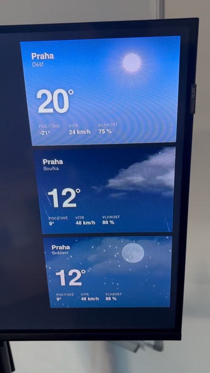 Obrazovka na výšku se třemi widgety Počasí pro Prahu