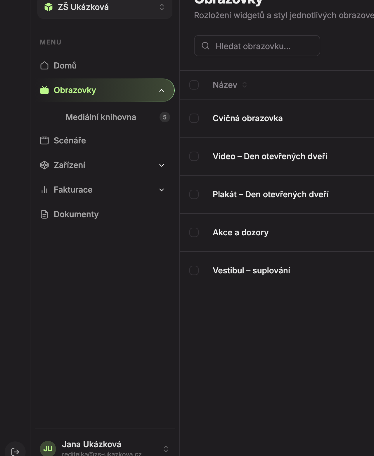 Rozbalená položka Obrazovky v menu s podpoložkou Mediální knihovna