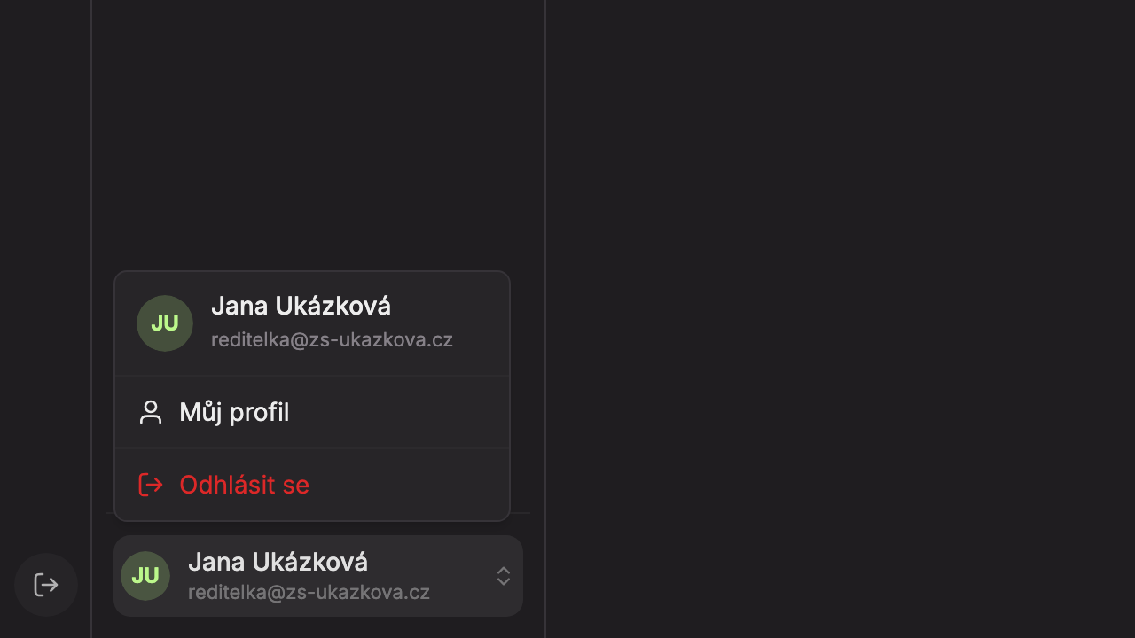 Otevřená nabídka účtu v levém dolním rohu s položkami Můj profil a Odhlásit se