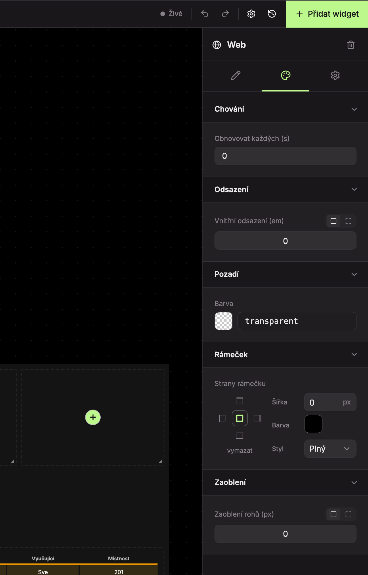 Karta Design widgetu Web: 1 Chování, 2 Odsazení, 3 Pozadí, 4 Rámeček, 5 Zaoblení