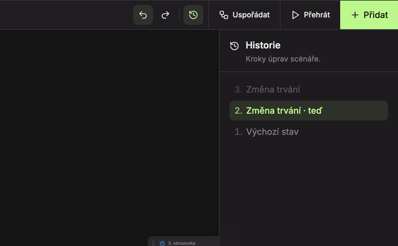 Panel Historie s kroky úprav; šedý krok jde vrátit tlačítkem Vpřed