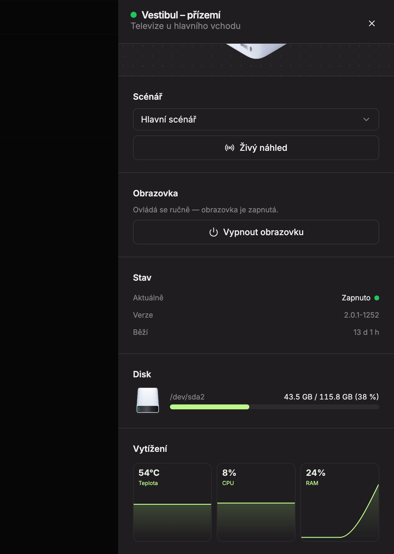 Panel zařízení, spodní část: 1 Stav, 2 Disk, 3 Vytížení
