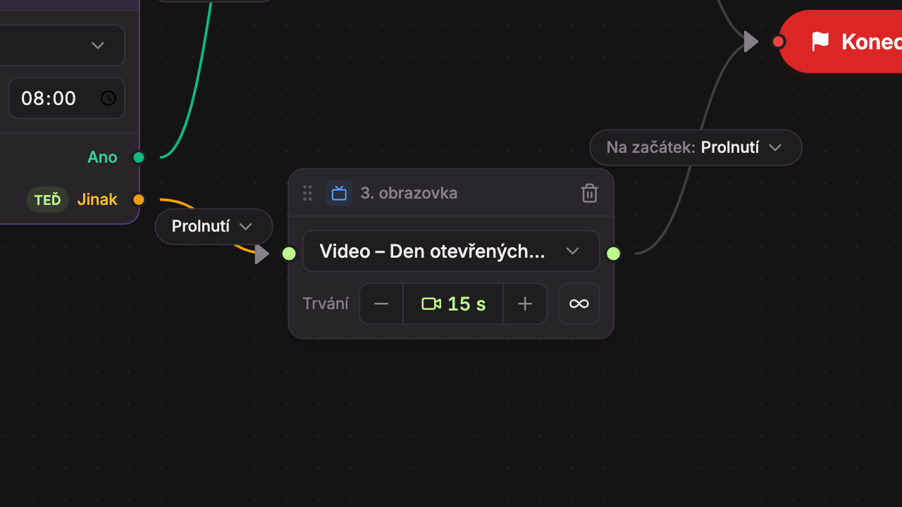 Blok obrazovky s videem: délku určuje video, tlačítka trvání jsou neaktivní