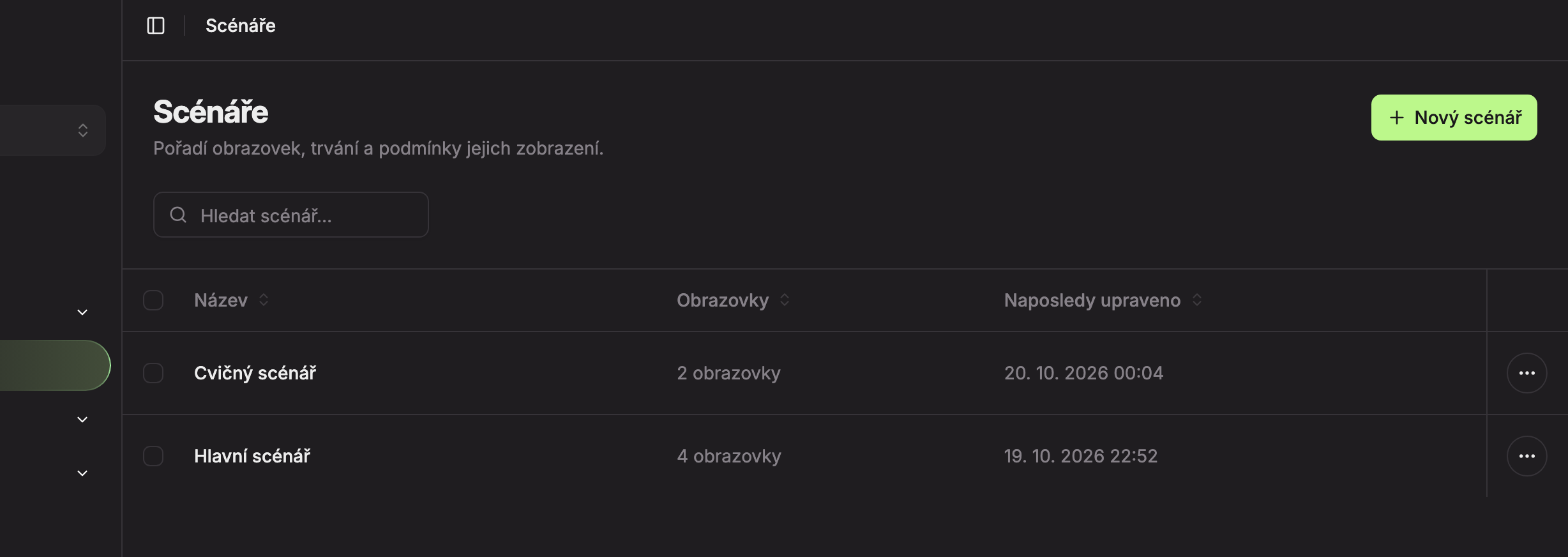 Stránka Scénáře: 1 tlačítko Nový scénář, 2 hledání, 3 řádek scénáře, 4 nabídka akcí