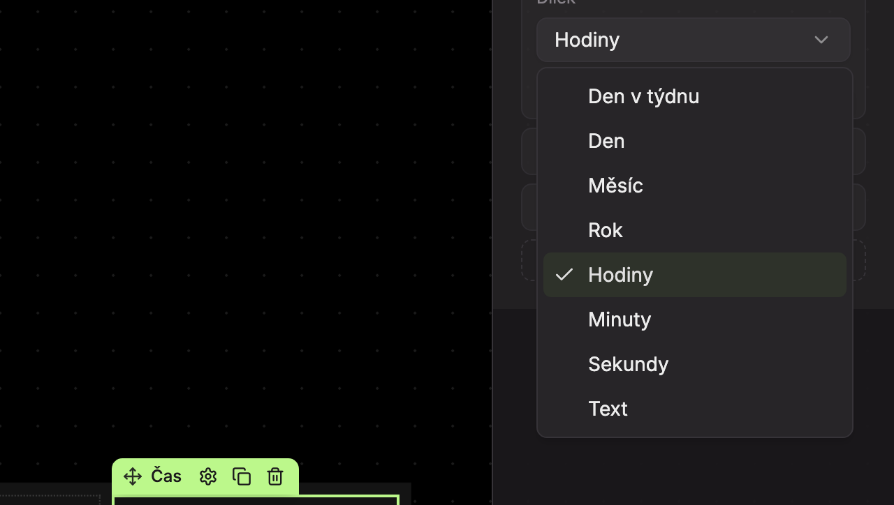 Volby dílku: Den v týdnu, Den, Měsíc, Rok, Hodiny, Minuty, Sekundy a Text