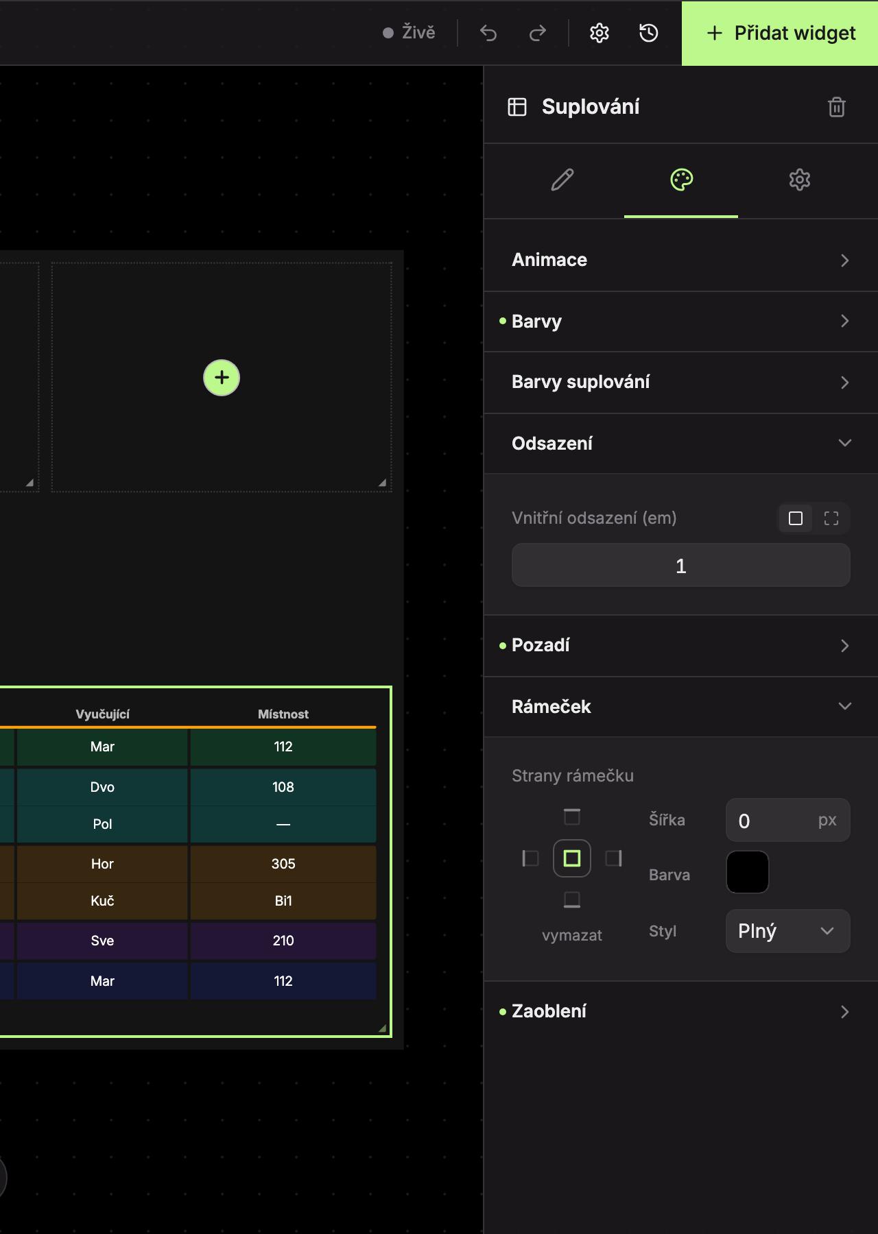 Design Tab: 1 uniform padding or per side, 2 border side selection, 3 width, 4 color, 5 border style