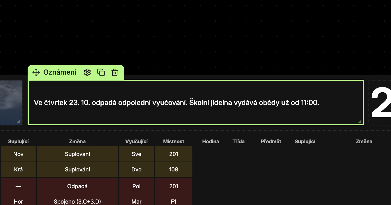 Widget Oznámení s textem z administrace