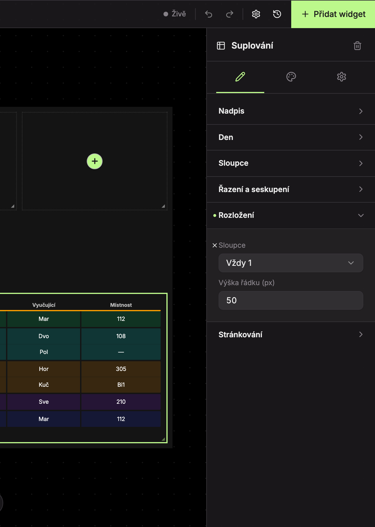 Expanded Layout section: changed value Columns has a dot before the label, on mouse hover a cross appears to reset to default