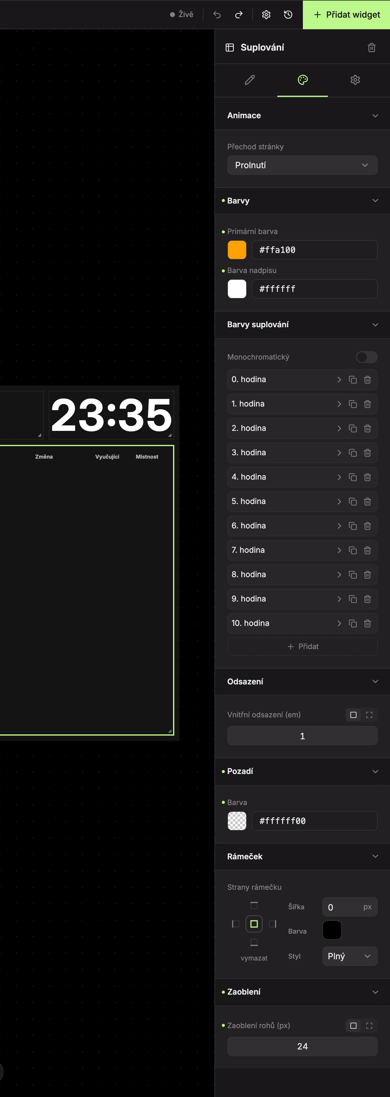 Karta Design widgetu Suplování: 1 Animace, 2 Barvy, 3 Barvy suplování, 4 Odsazení, 5 Pozadí, 6 Rámeček, 7 Zaoblení