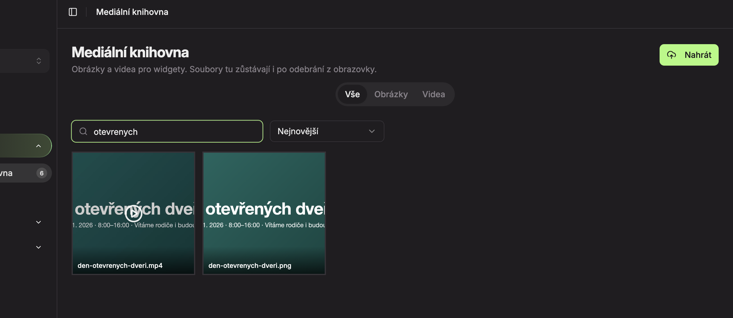 Hledání podle názvu souboru: po napsání „otevrenych“ zůstanou jen dva soubory