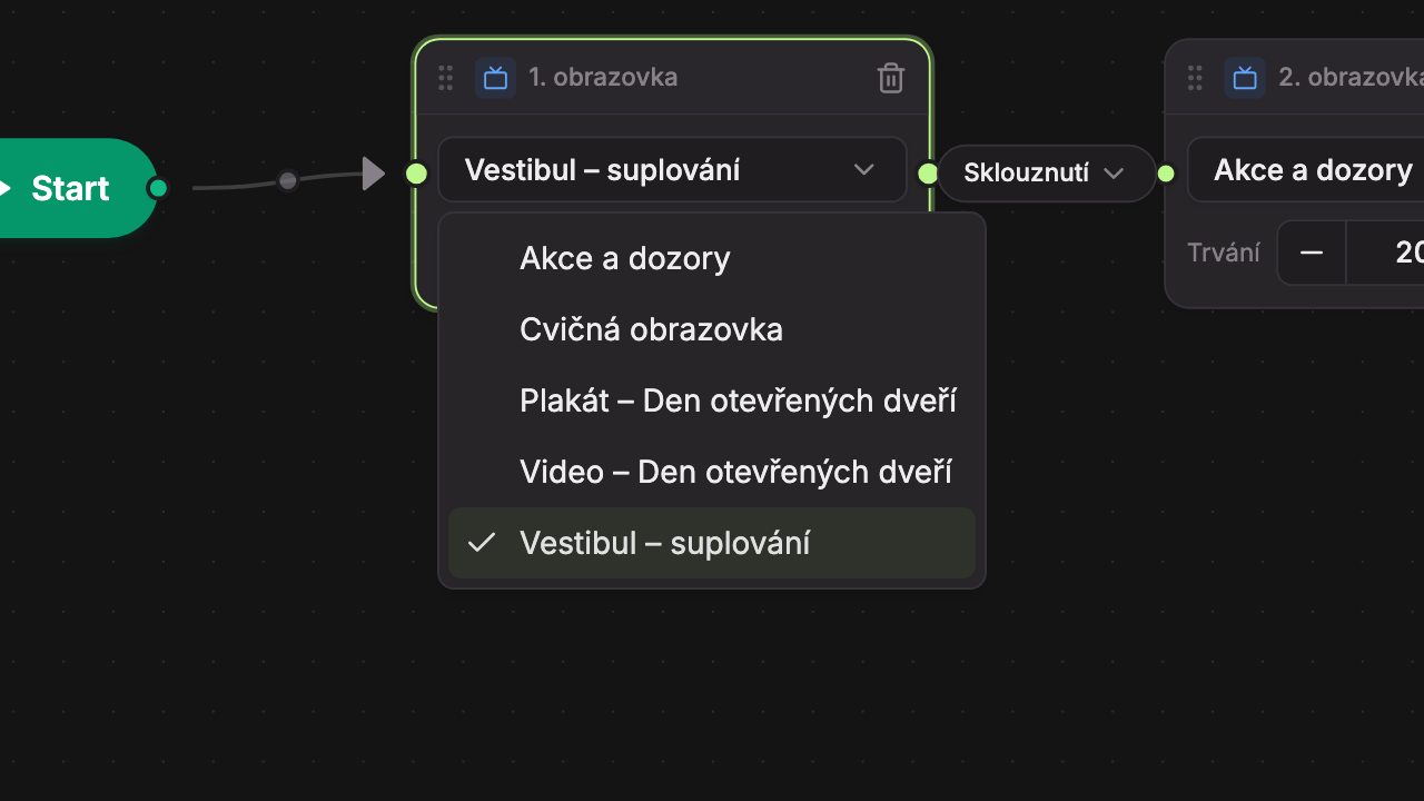 Rozbalený výběr obrazovky v bloku