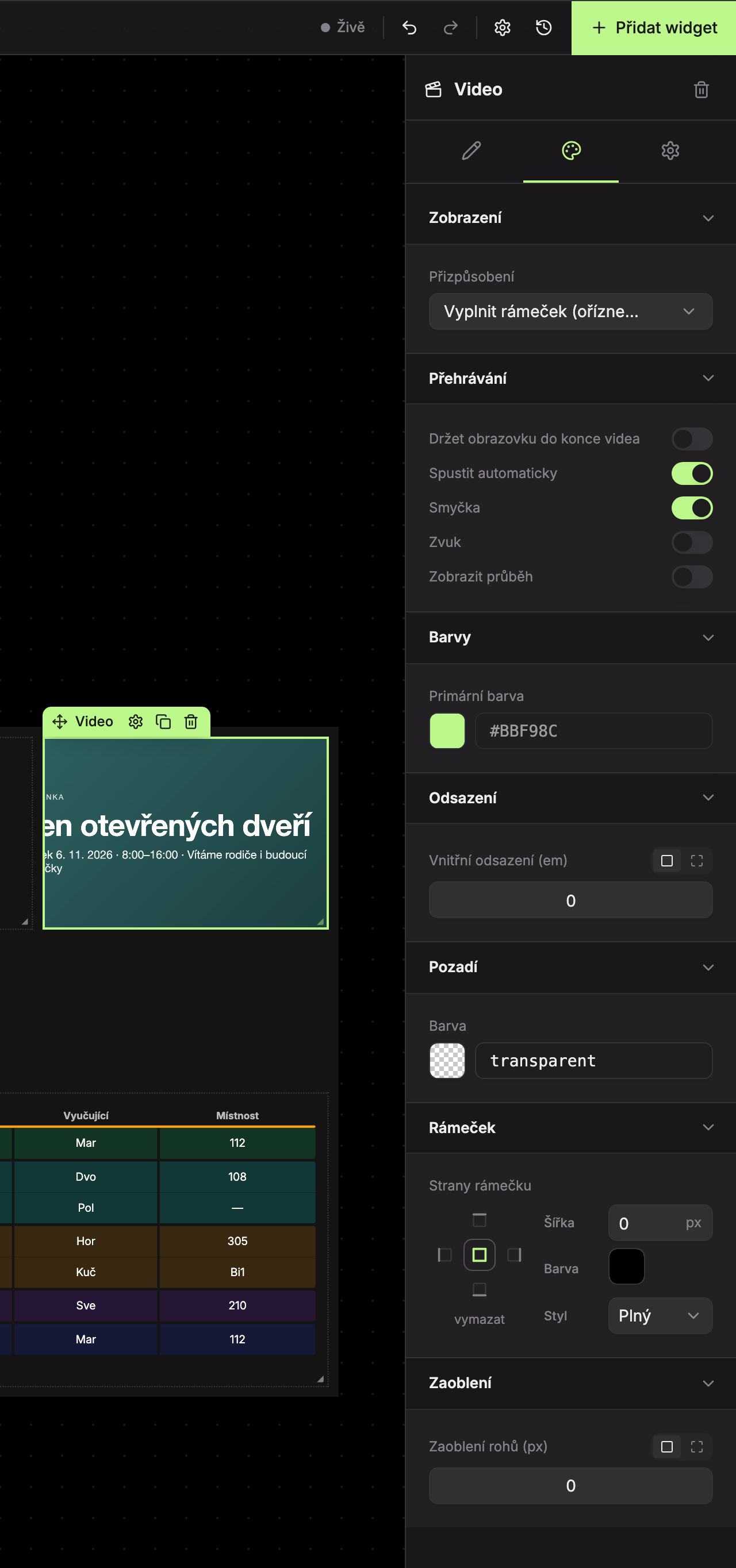Karta Design widgetu Video: 1 Zobrazení, 2 Přehrávání, 3 Barvy, 4 Odsazení, 5 Pozadí, 6 Rámeček, 7 Zaoblení