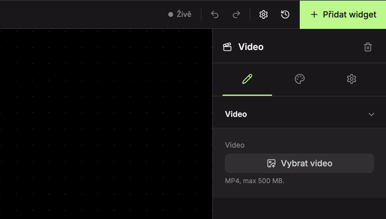 Karta Obsah prázdného widgetu Video s tlačítkem Vybrat video a povoleným formátem