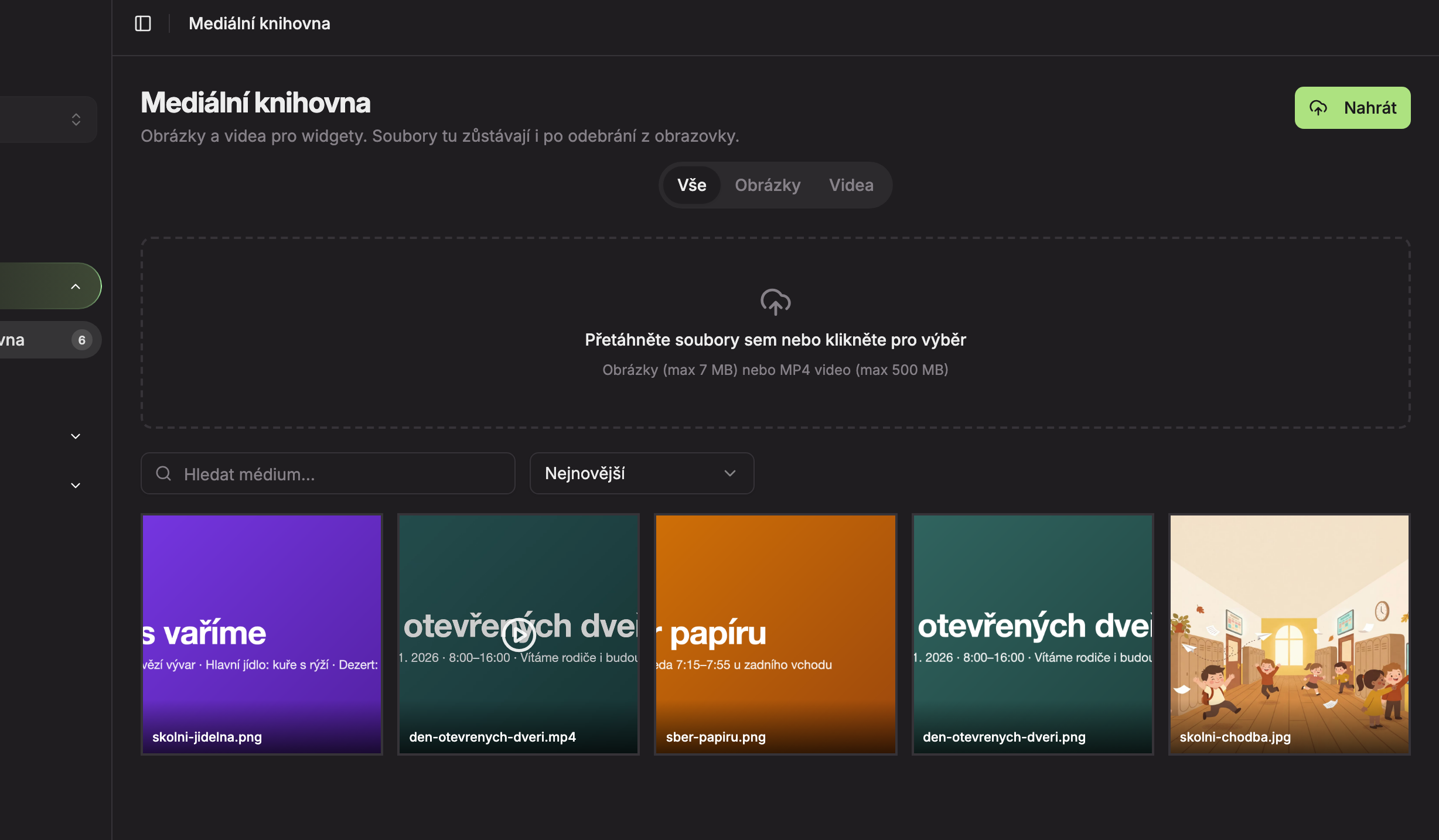 Po kliknutí na Nahrát se objeví plocha pro přetažení souborů s povolenými formáty