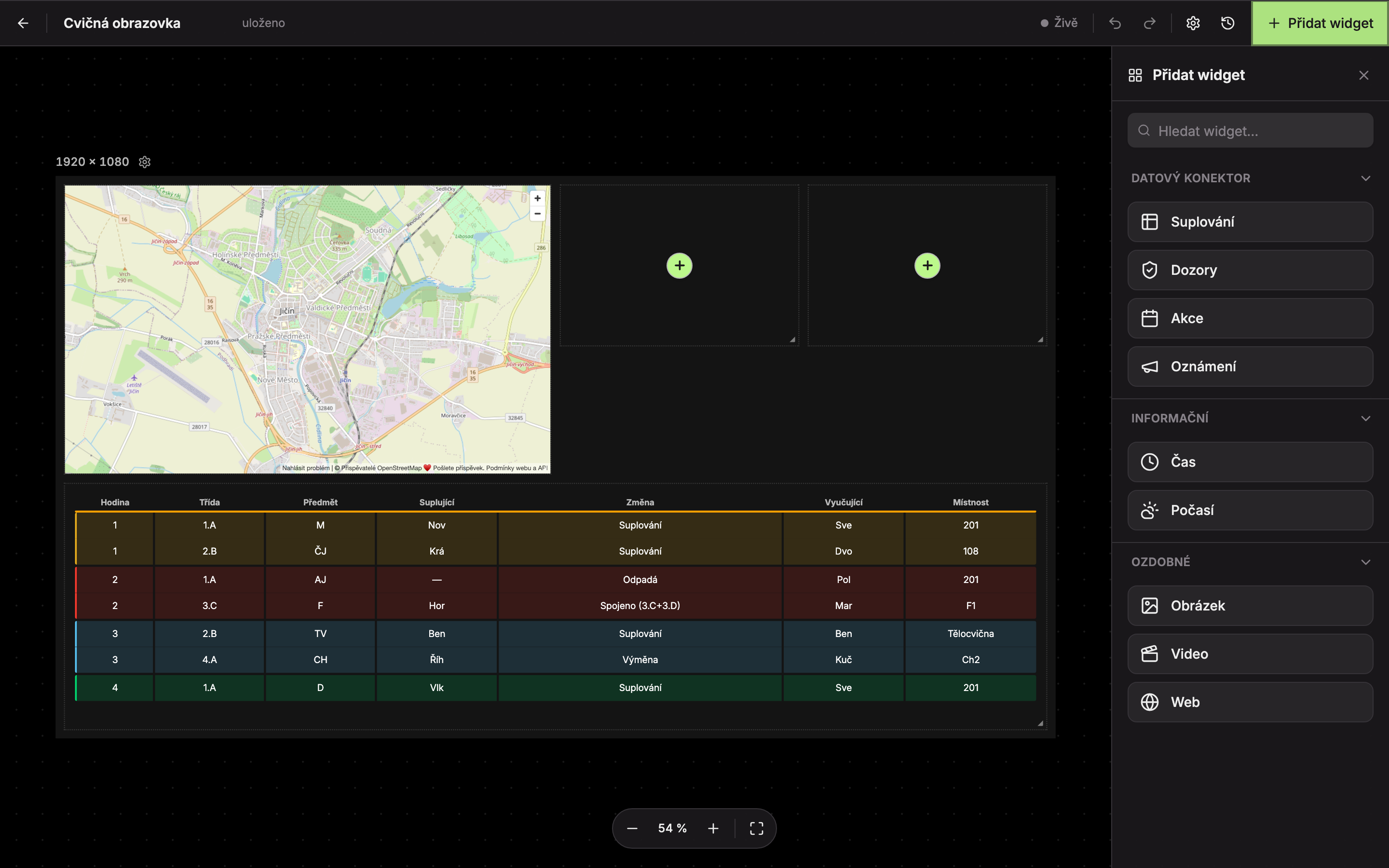 Panel Přidat widget: 1 hledání, 2 widget Čas ve skupině Informační