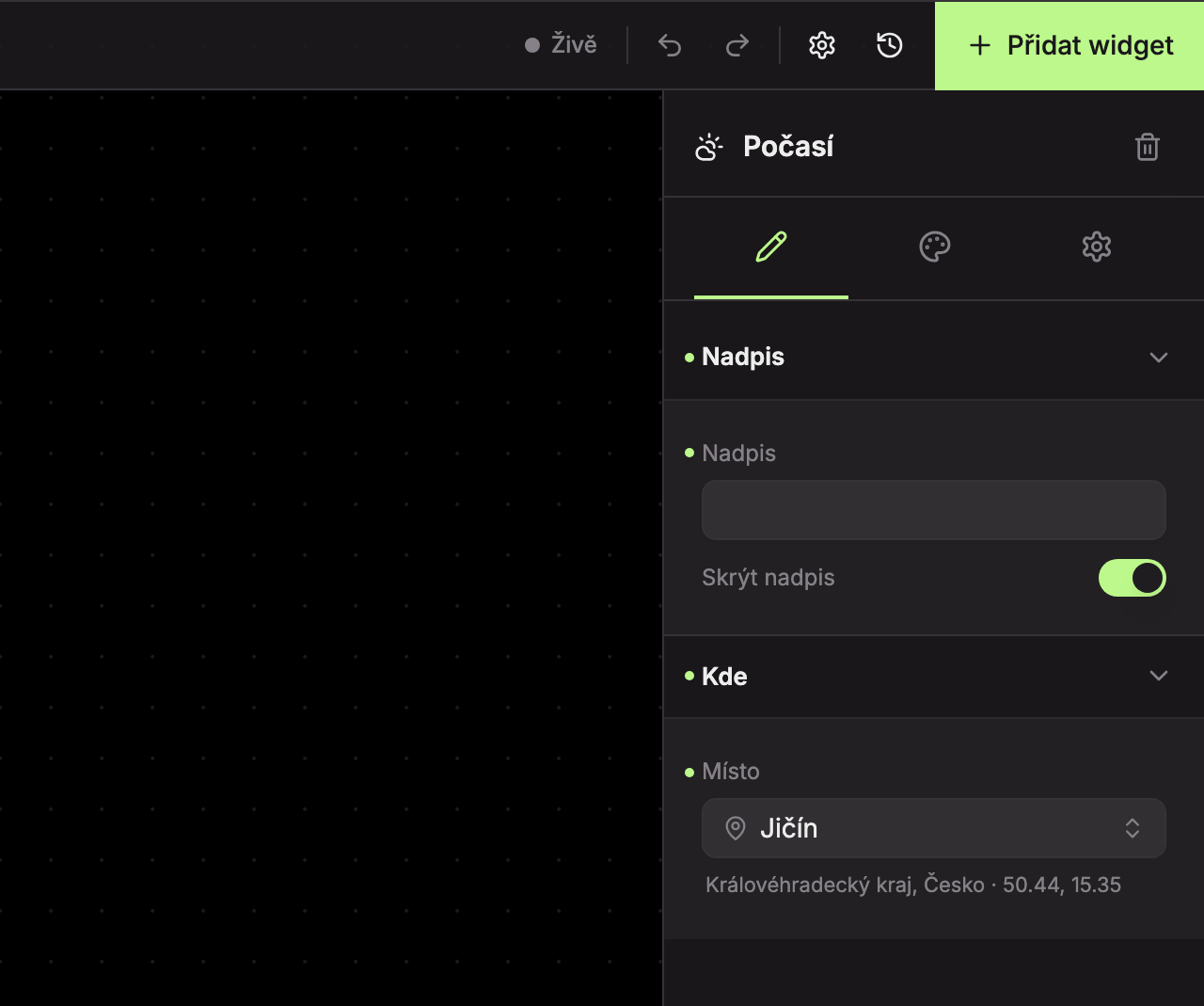 Karta Obsah widgetu Počasí: 1 Nadpis, 2 Kde