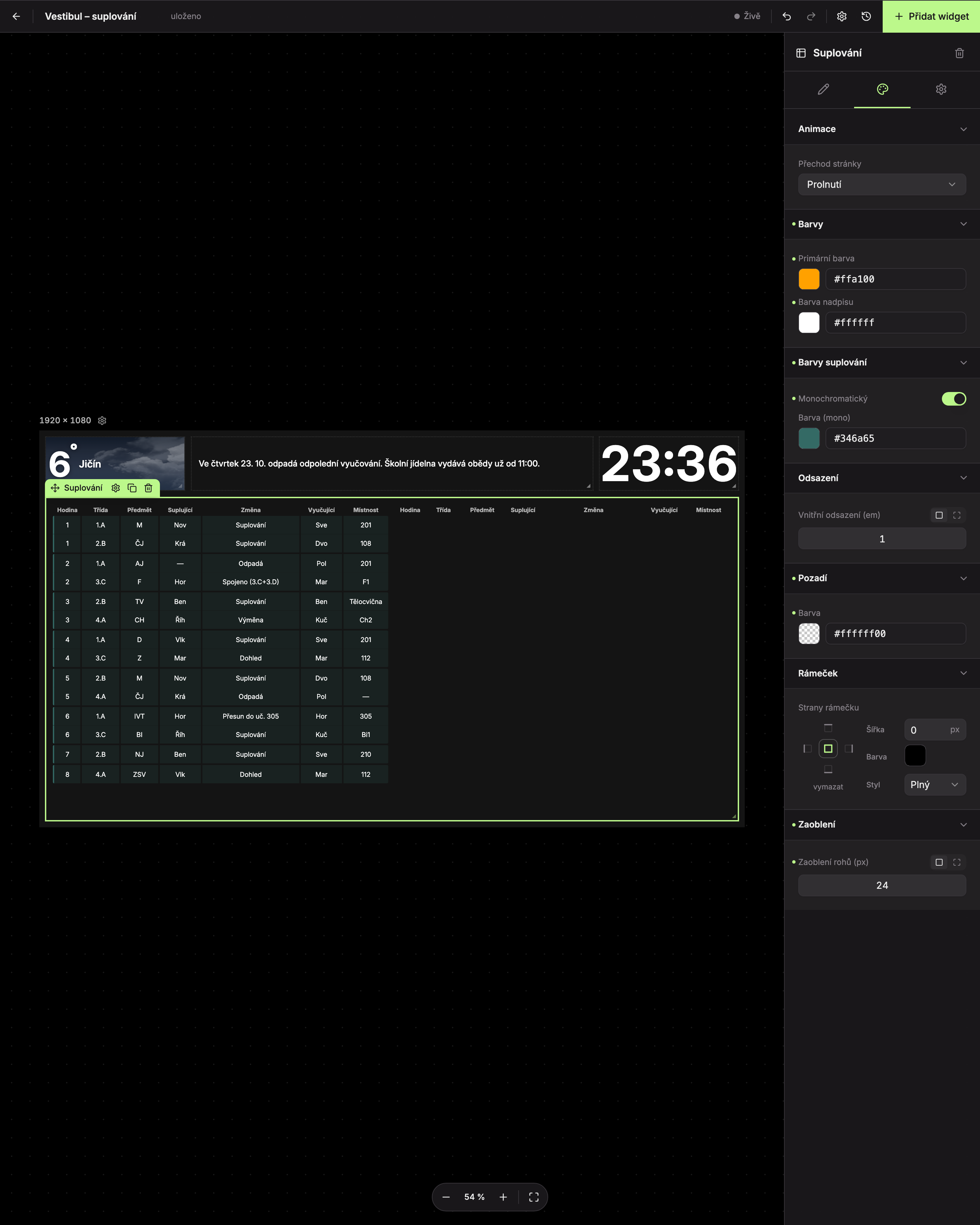Zapnutý Monochromatický režim: všechny řádky v jedné barvě, v panelu pole Barva (mono)