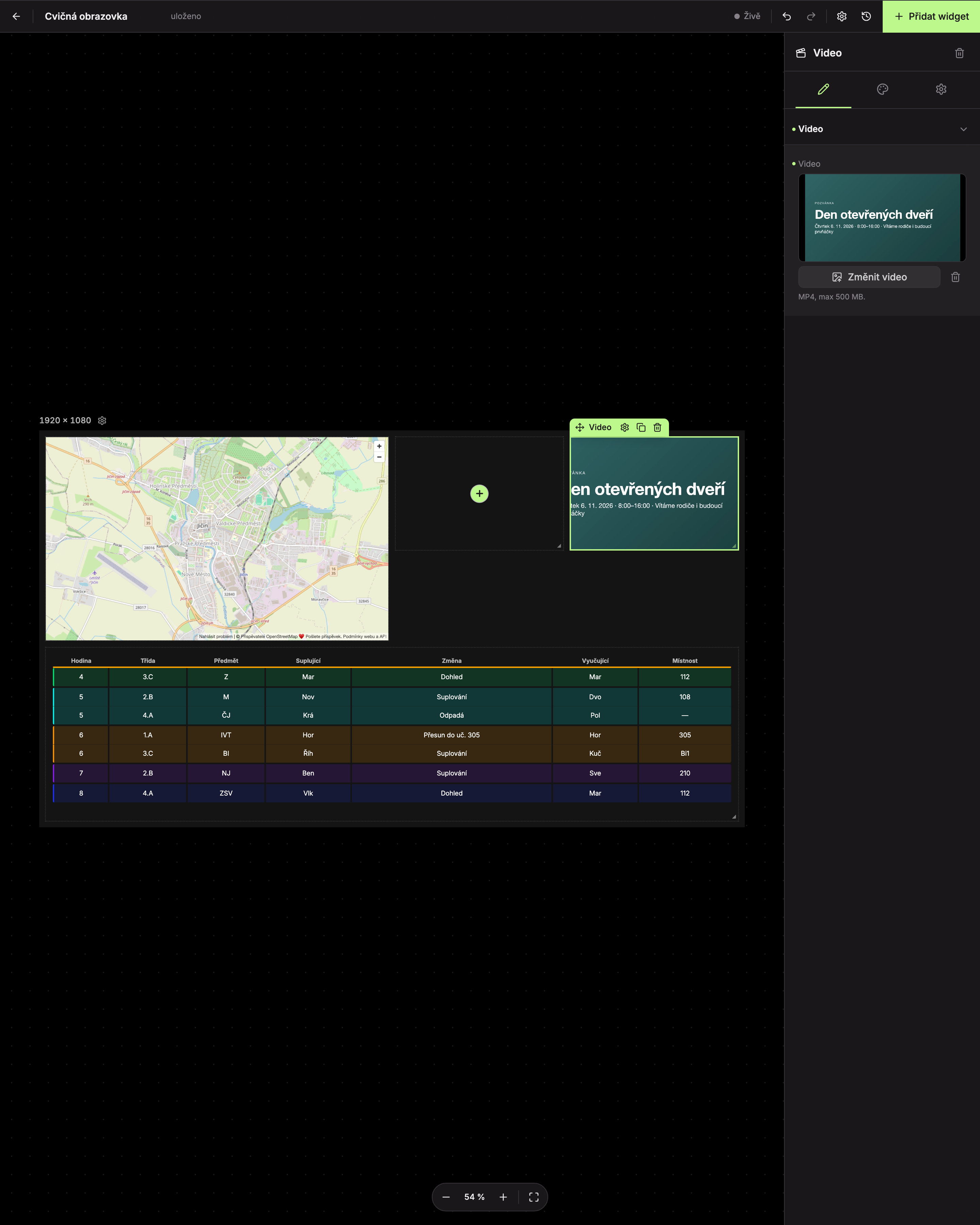 Widget s vybraným videem; v panelu 1 Změnit video a 2 ikona koše Odebrat video