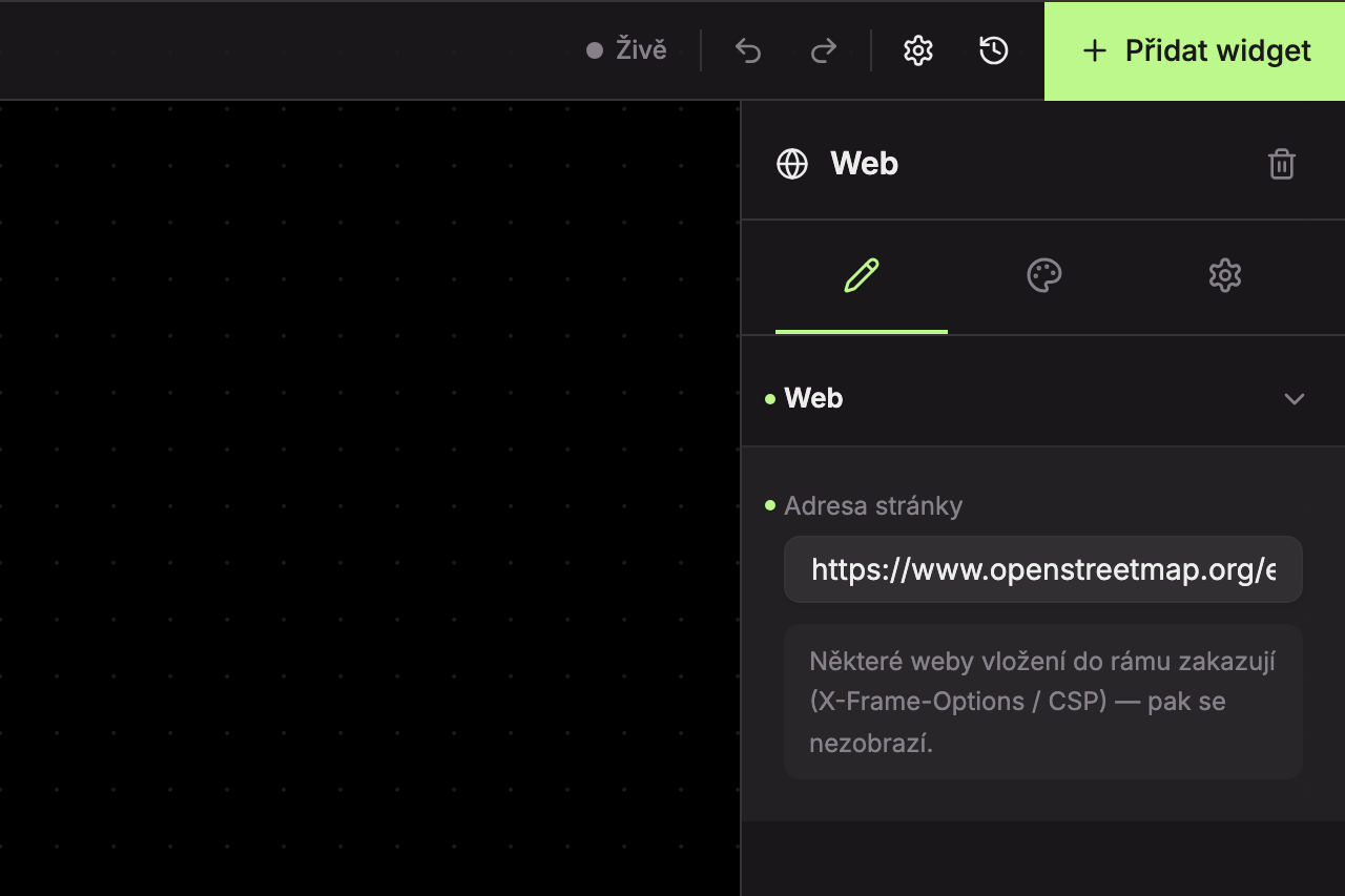Karta Obsah widgetu Web se sekcí Web a polem Adresa stránky