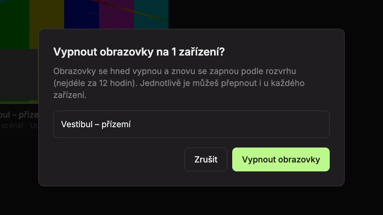 Okno hromadného vypnutí: 1 seznam zařízení, 2 Zrušit, 3 potvrzení