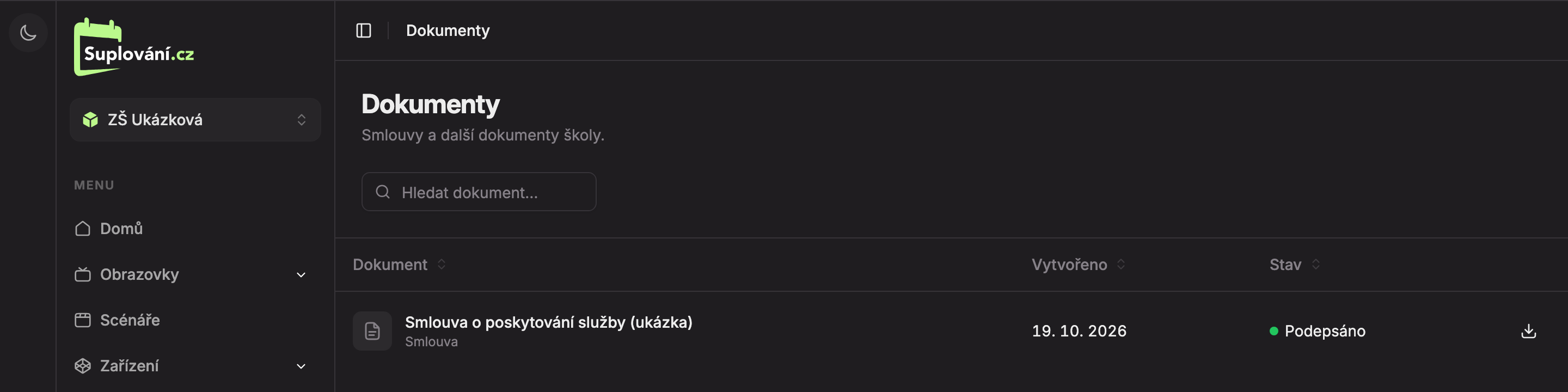 Dokumenty: 1 hledání, 2 dokument a jeho druh, 3 stav podpisu, 4 otevření PDF
