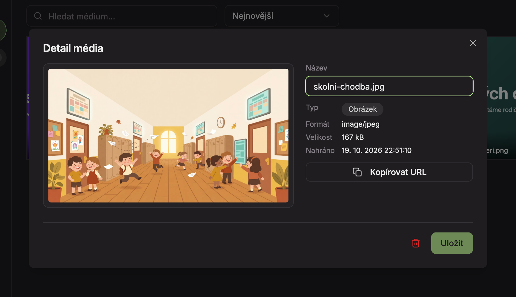 Detail média: 1 název, 2 údaje o souboru, 3 Kopírovat URL, 4 Smazat z knihovny, 5 Uložit