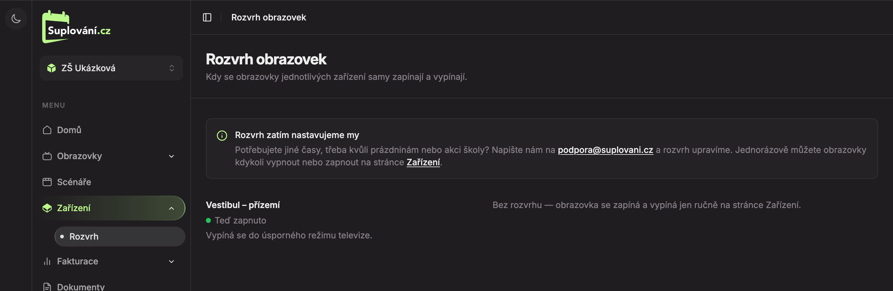 Stránka Rozvrh obrazovek: 1 informace o nastavení rozvrhu, 2 zařízení a jeho stav, 3 rozvrh zařízení
